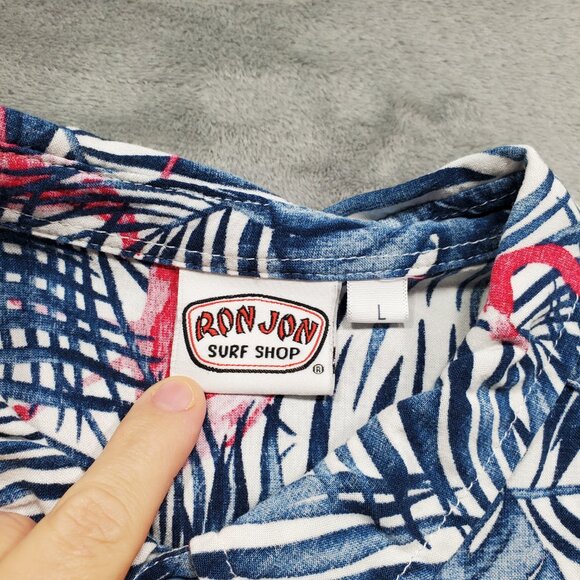 Ron Jon Surf Shop Hawaiian Tropical Shirt w Pink Flamingos Blue Flowers Men Sz L - Picture 3 of 9